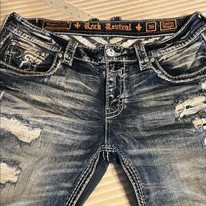 Rock Revival Men’s Slim Straight Faded Blue Distressed Jeans